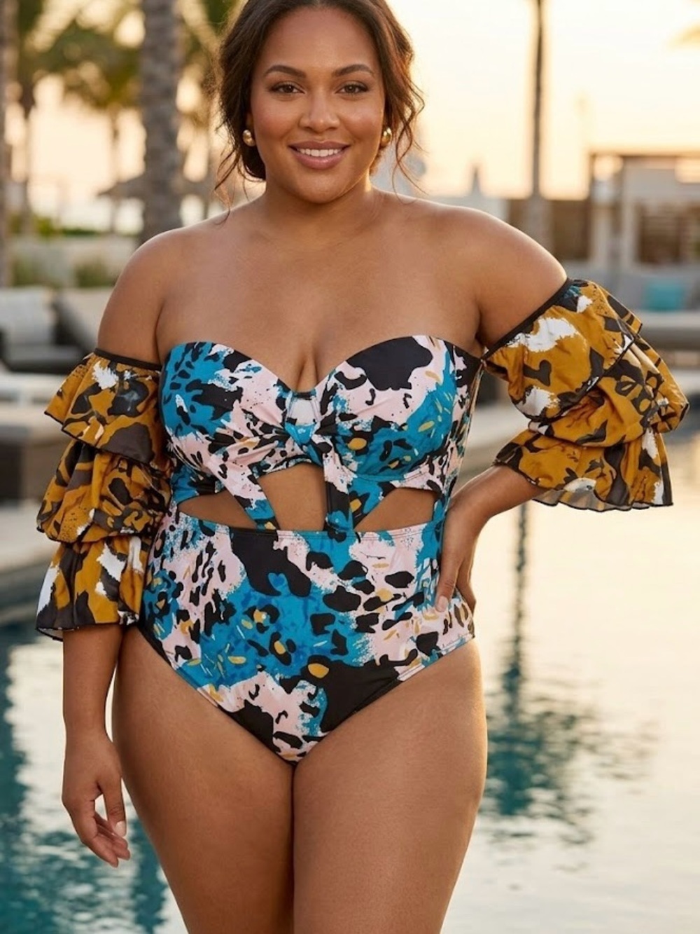 Boutique Abstract Print Off-Shoulder Monokini Swimsuit 4XL Ruffle Flounce Bold